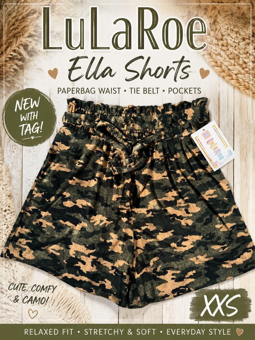 LuLaRoe Ella Camo Paperbag Shorts XXS NWT Tie Waist Pockets